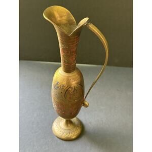 Vintage Etched Brass Pitcher Vase Vessel Engraved Handle Floral Boho Handcrafted